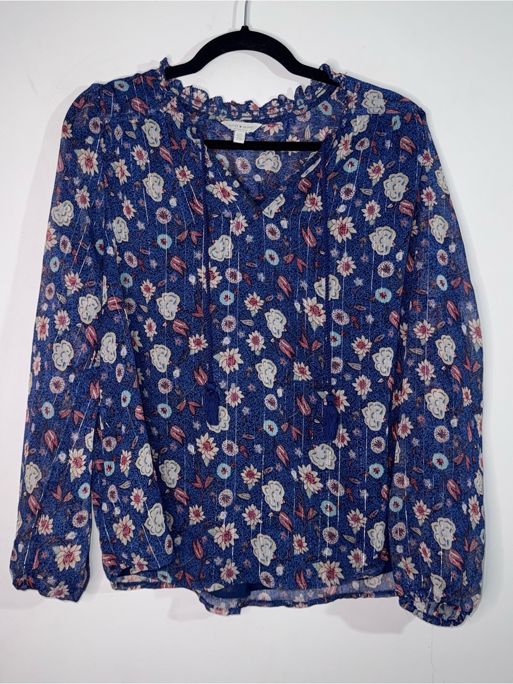 Lucky Brand Women’s L Blue Floral Metallic Stripe Sheer Ruffle Blouse